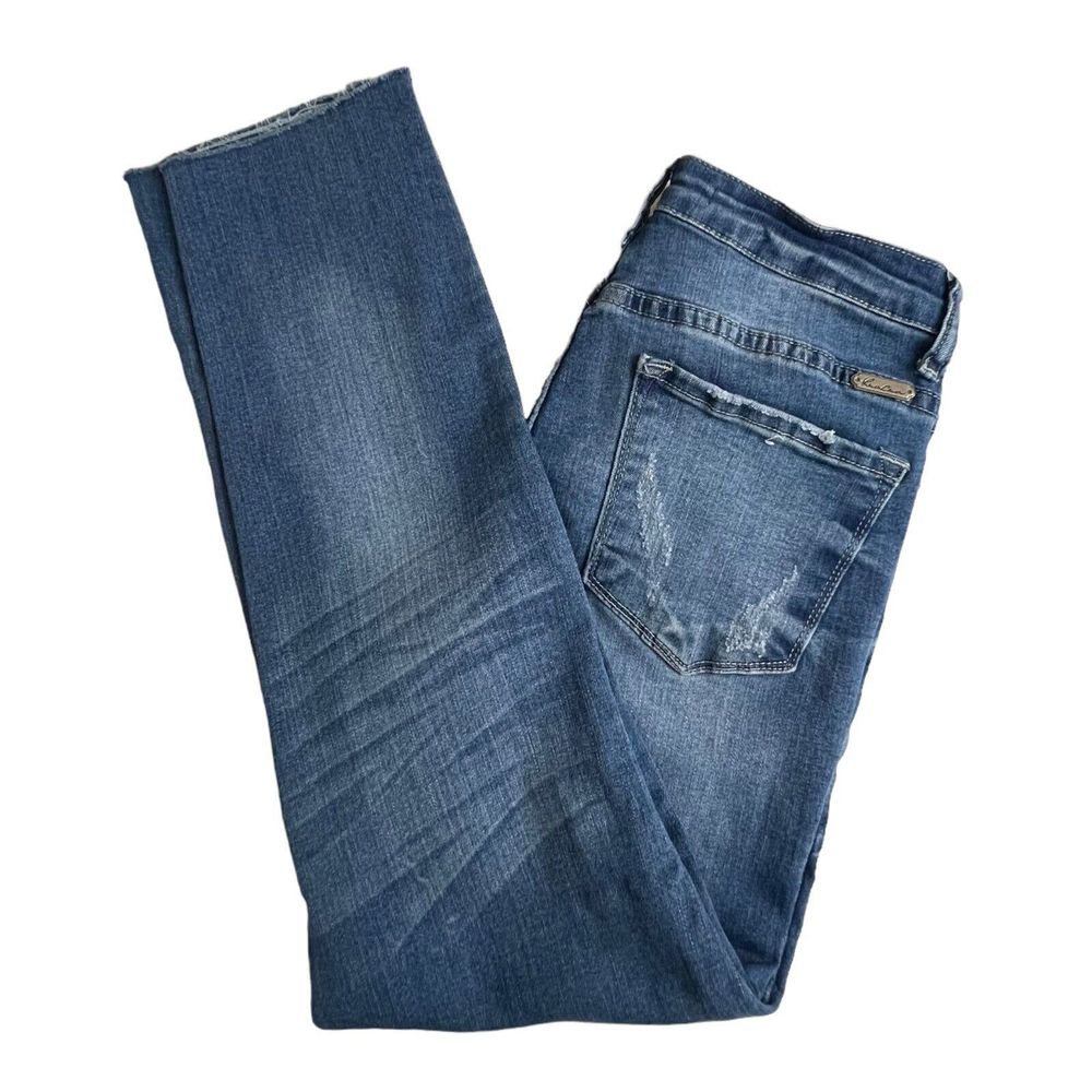 KanCan Womens Medium Wash Mid Rise Distressed Raw Hem Cropped Skinny Jeans 26